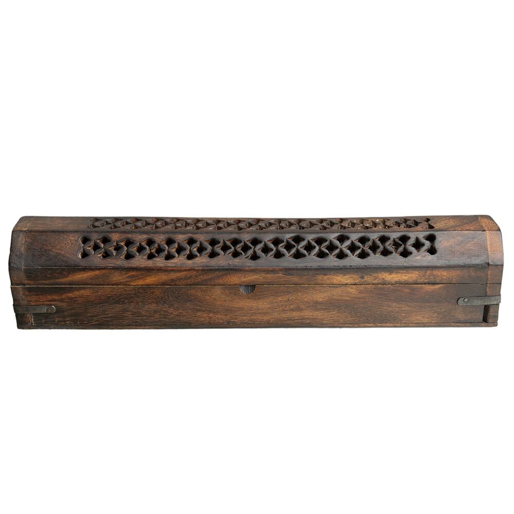 Vintage Hand-Carved Incense Burner - Sheesham Rosewood Wood w/ Brass Ash Catcher